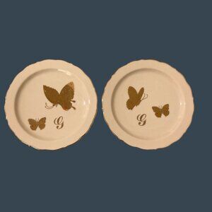 Set of 2 Takahashi Butterfly Trinket Plates Hand Decorated In Gold Monogrammed G